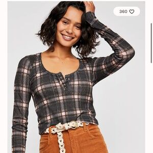 Free People School Girl Top, Plaid Thermal, Size Medium